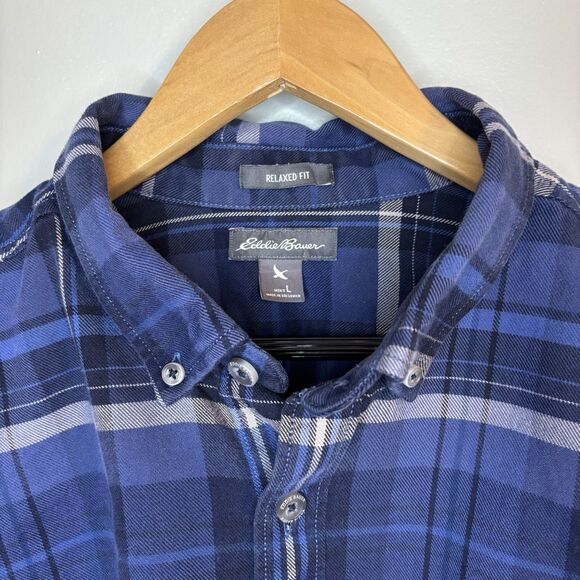 Eddie Bauer Shirt Men's Large Blue Plaid Button Down Long Sleeve Flannel Relaxed - Picture 2 of 9